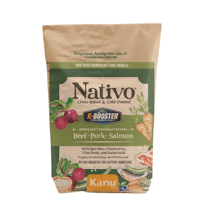 Alimento Horneado Nativo K-booster Carne / Cerdo / Salmón Kanu Pet para Perros Cachorros y Adultos