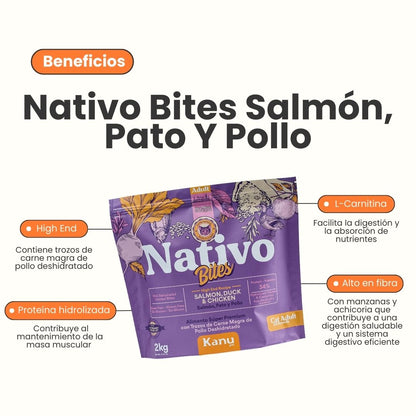 Alimento seco Nativo Bites Salmón, Pato y Pollo Kanu Pet para Gato Adulto