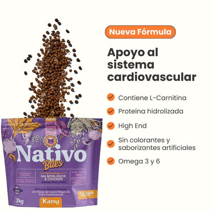 Alimento seco Nativo Bites Salmón, Pato y Pollo Kanu Pet para Gato Adulto