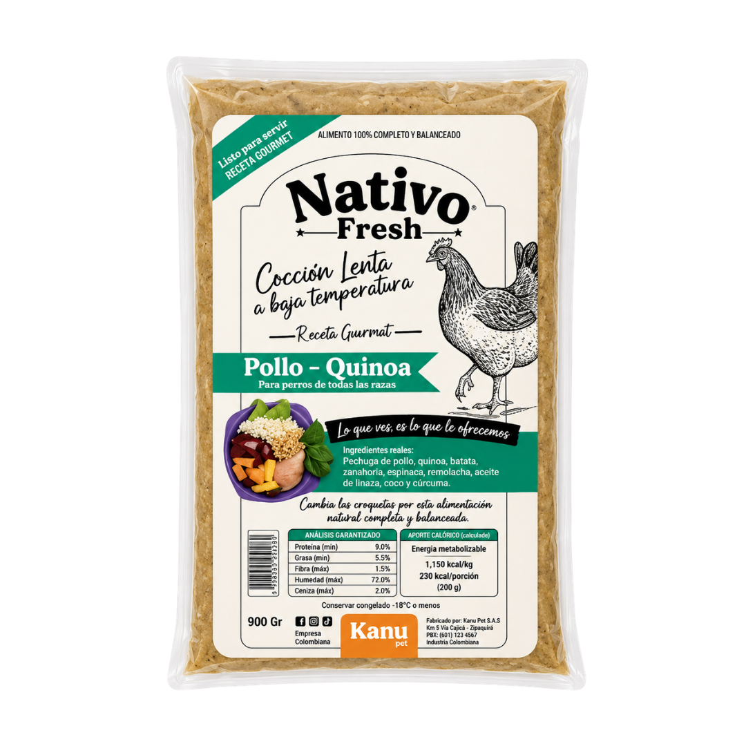 Alimento Congelado Nativo Fresh sabor a Pollo y Quinoa Kanu Pet para perros. 100% Comida Real