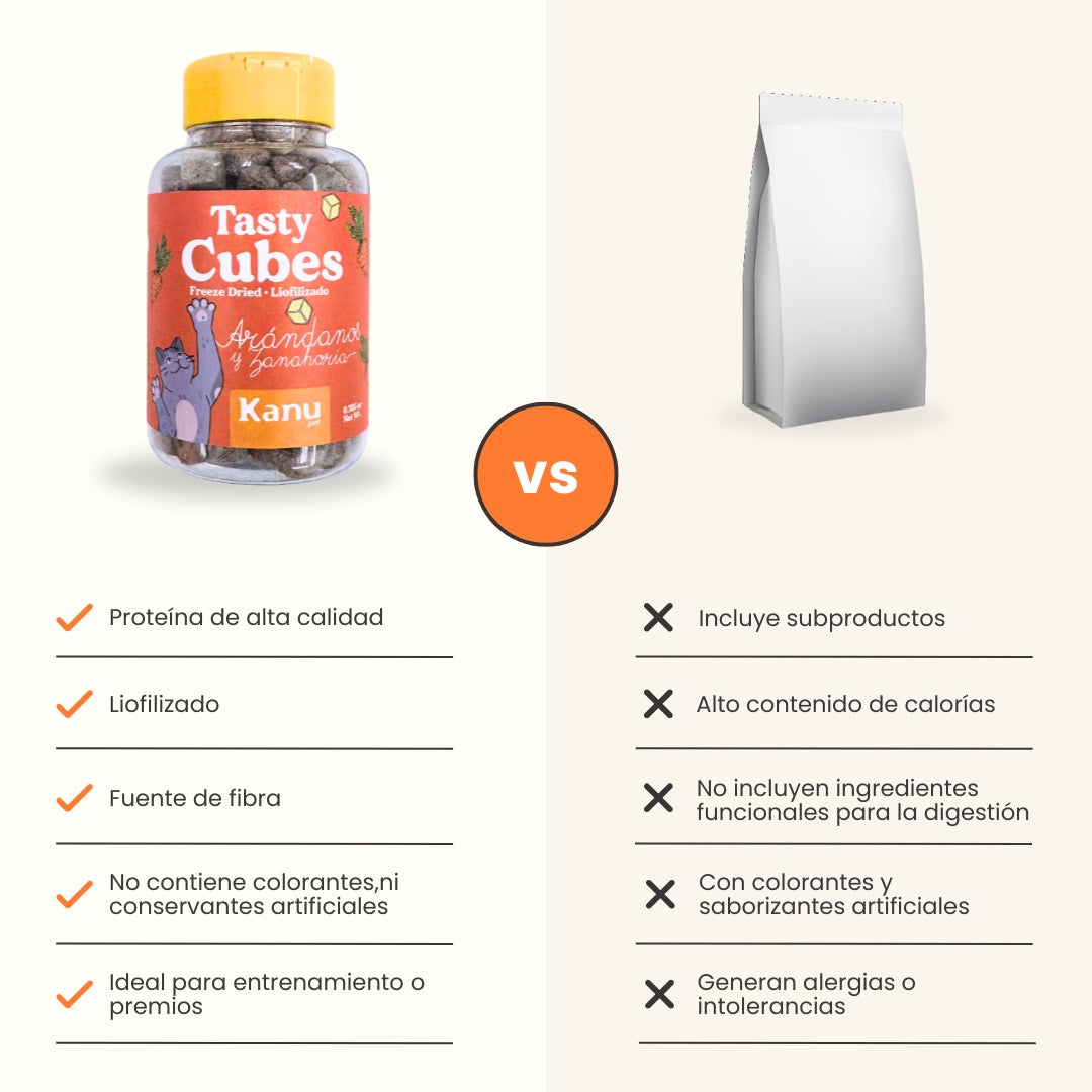 Snack Liofilizado Tasty Cubes Arándanos y Zanahoria Kanu Pet para Gatos, Bajas en Calorías
